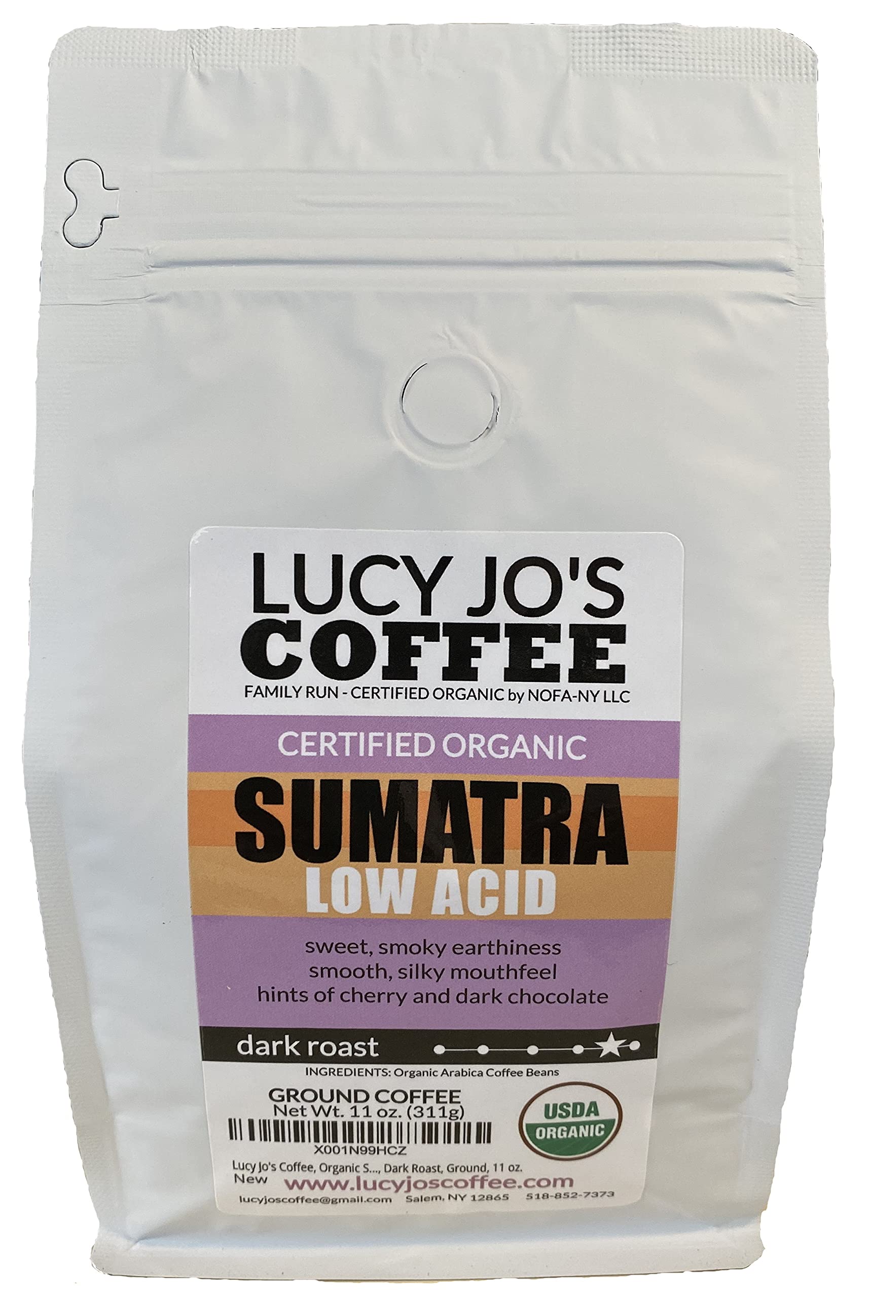 Lucy Jo's Organic Sumatra low-acid ground coffee, smoky-earthy aroma for easy mornings.