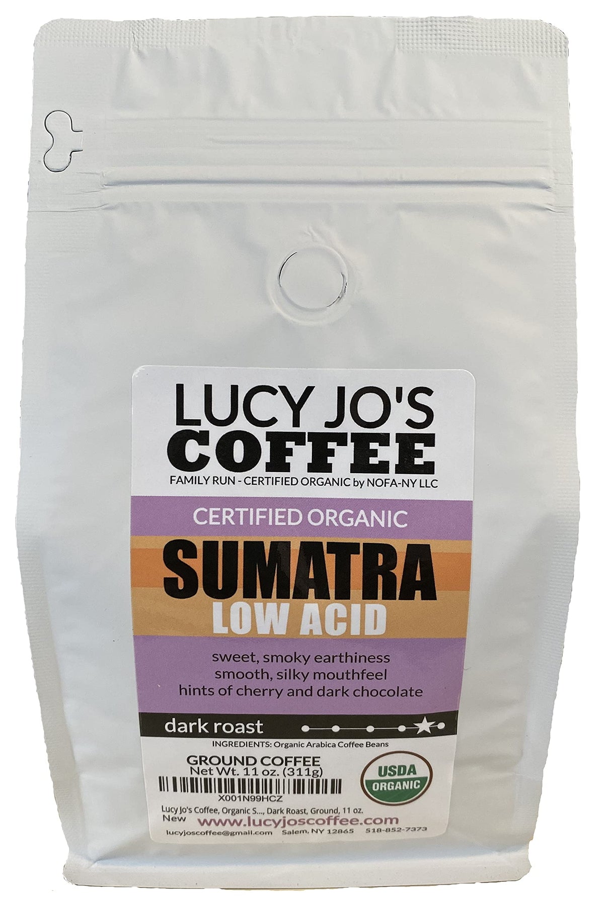Lucy Jo's Organic Sumatra low-acid ground coffee, smoky-earthy aroma for easy mornings.