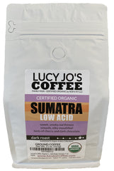 Lucy Jo's Organic Sumatra low-acid ground coffee, smoky-earthy aroma for easy mornings.