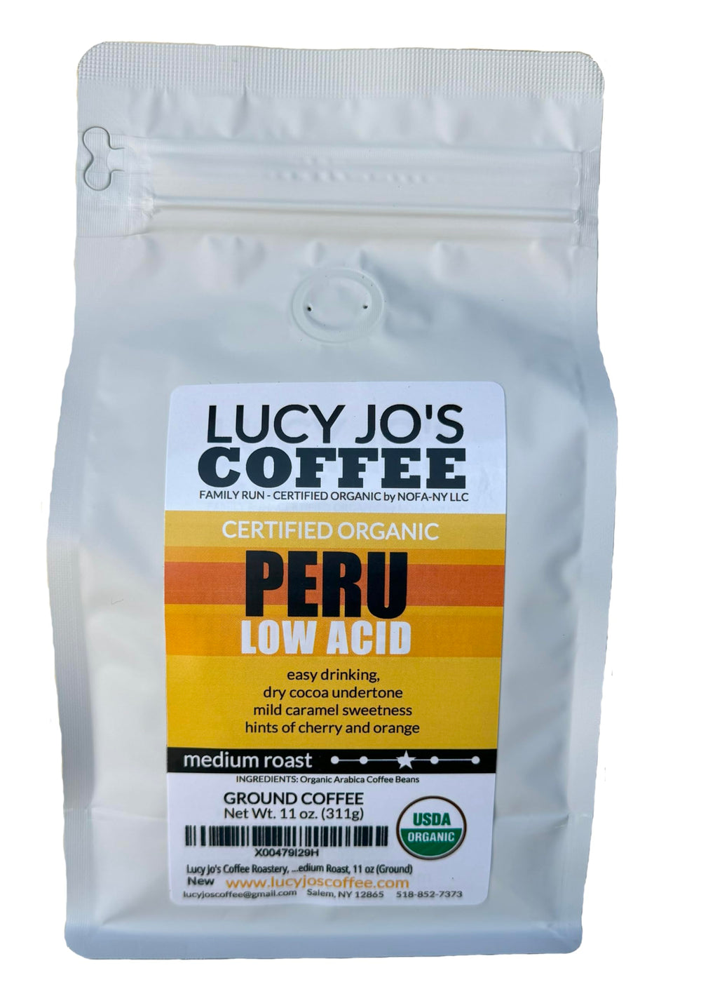Lucy Jo's Coffee Peru Low Acid ground coffee bag—mild, smooth flavor for everyday sipping