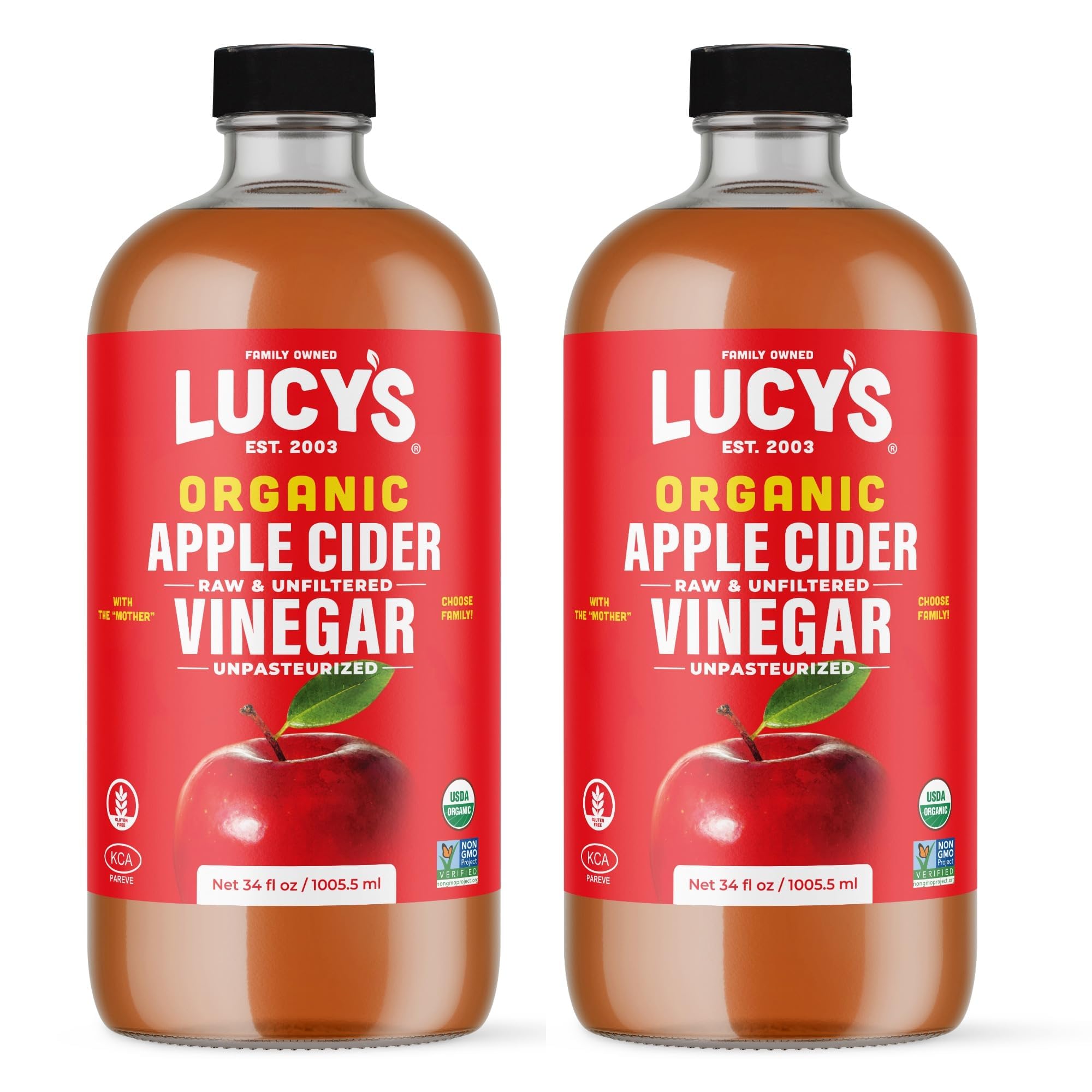 Lucy’s Apple Cider Vinegar in amber glass highlights purity and color.