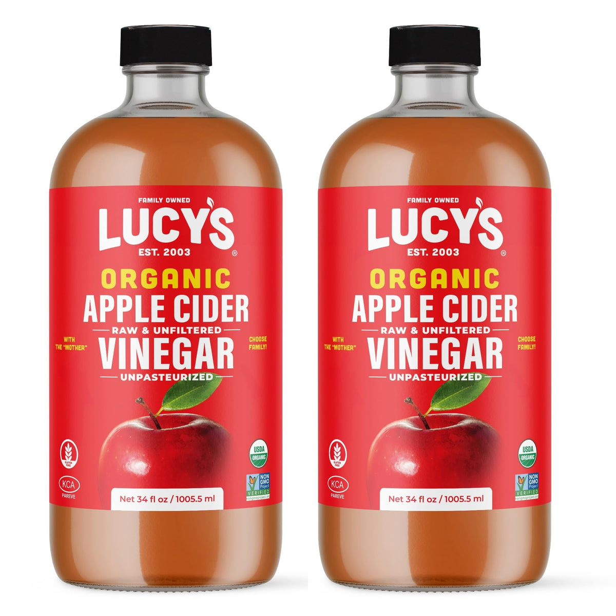 Lucy’s Apple Cider Vinegar in amber glass highlights purity and color.