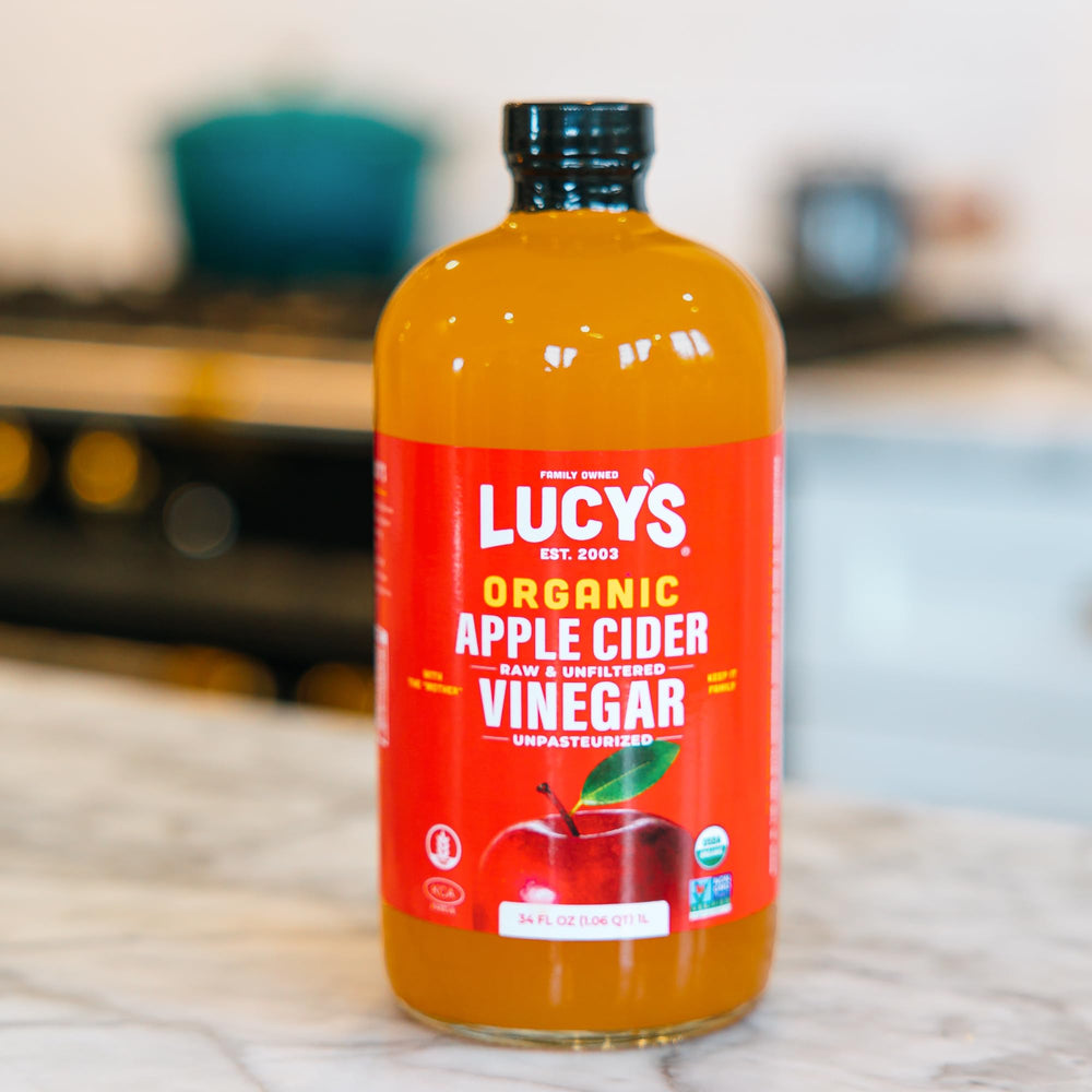 Lucy’s ACV sits on a kitchen counter for daily use.
