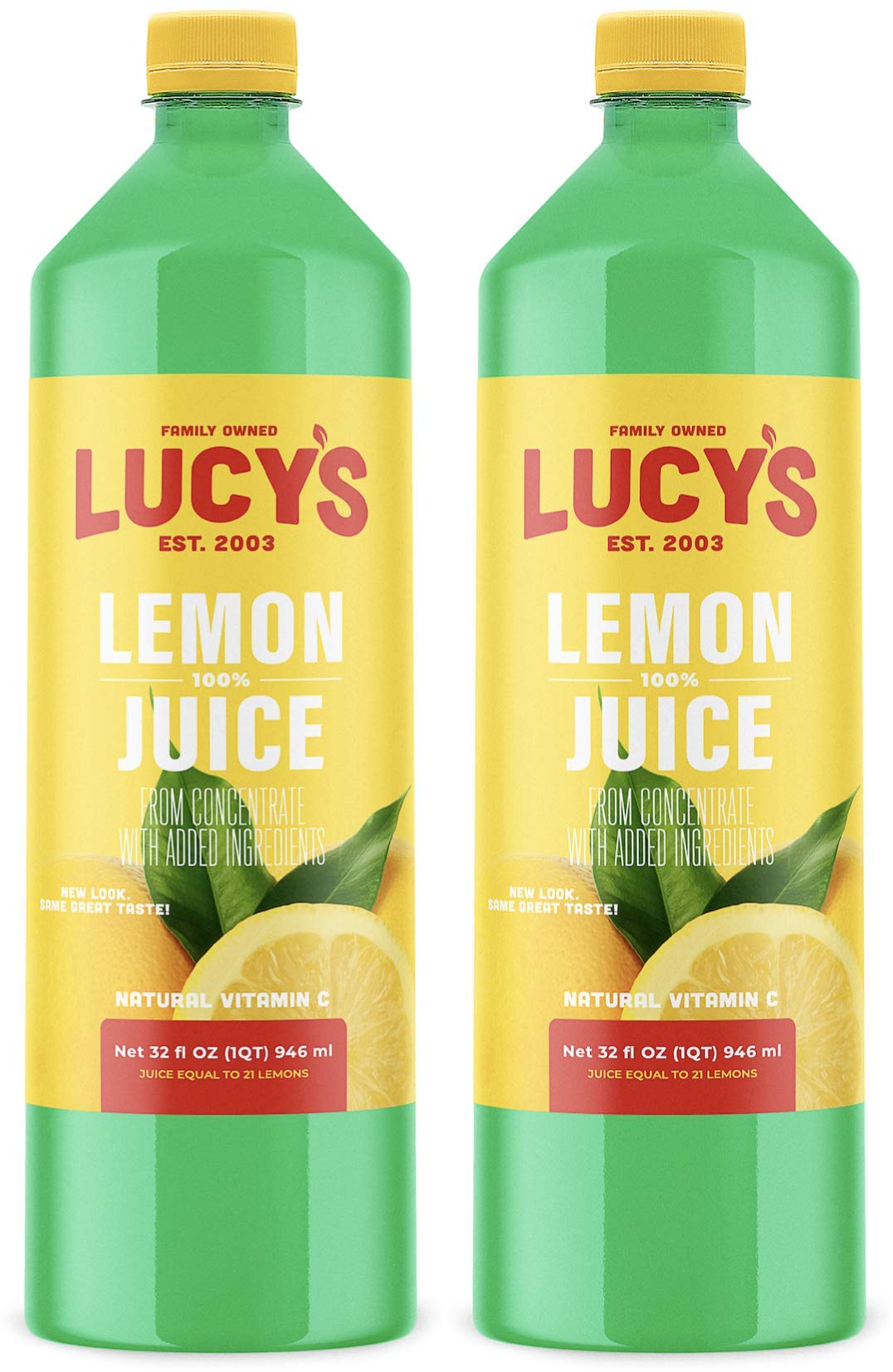 Lucy’s Lemon Juice 2-Pack bottles on shelf, convenient pantry staple.