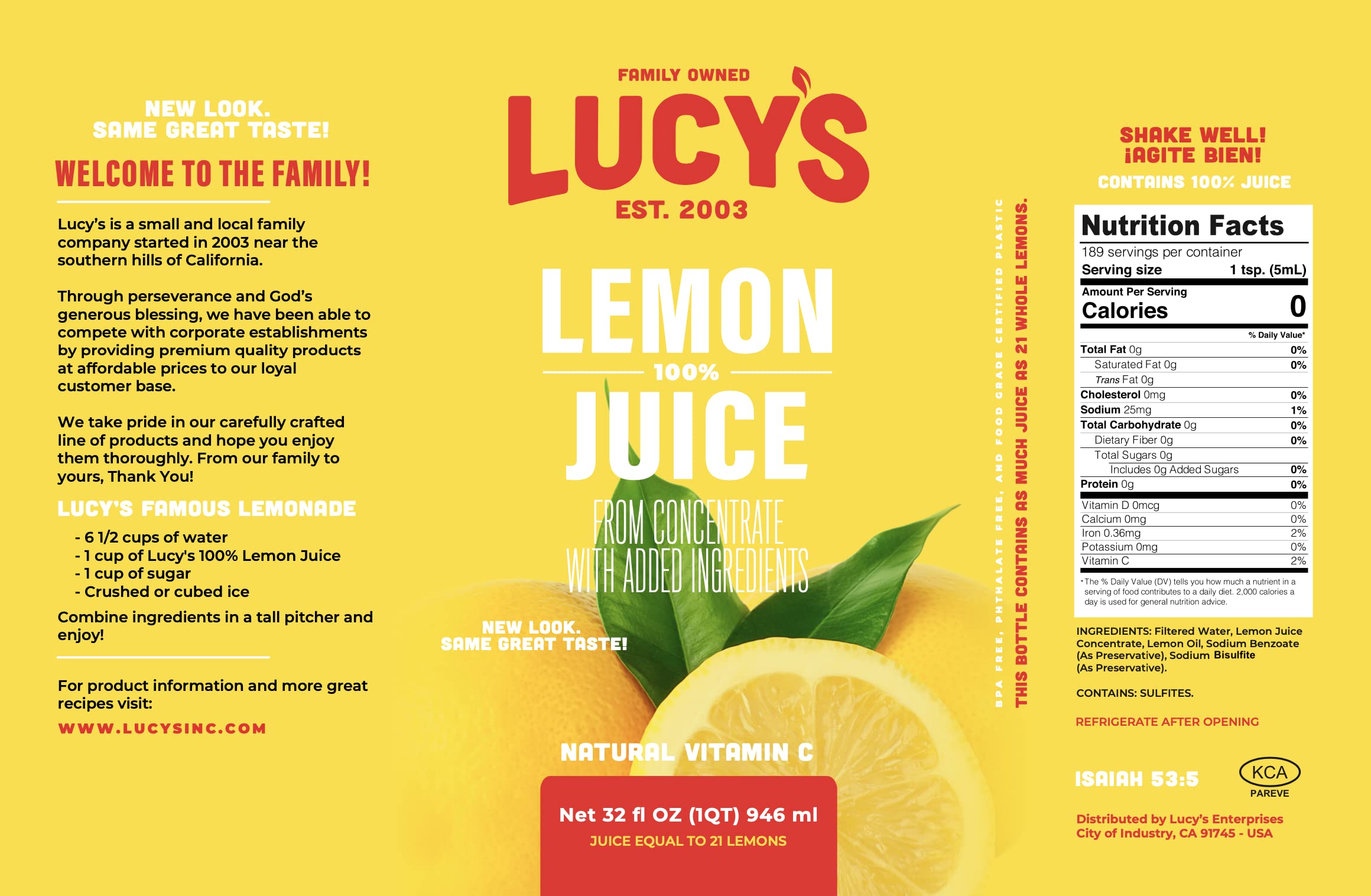 Lucy’s Lemon Juice 2-Pack label closeup shows heritage and ingredients.