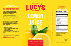 Lucy’s Lemon Juice 2-Pack label closeup shows heritage and ingredients.