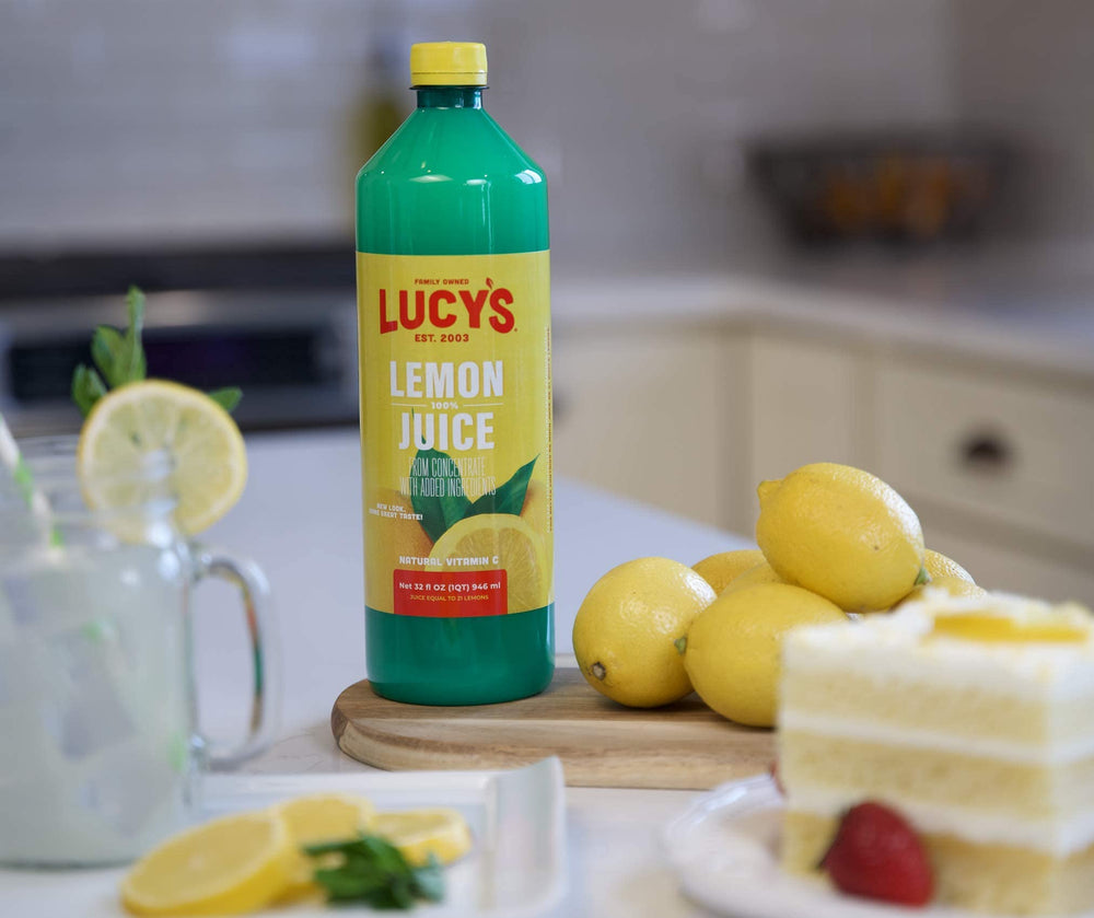 Lucy’s Lemon Juice 2-Pack lemonade-mix ready for refreshing beverages.