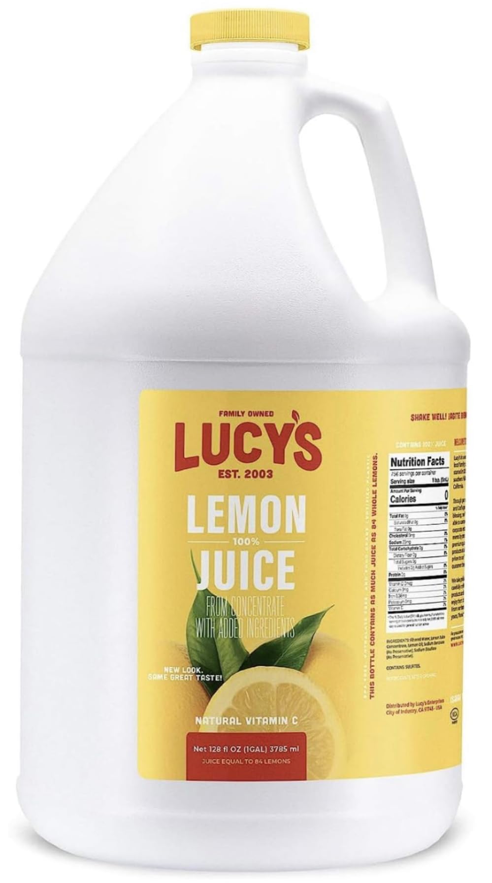 Lucys Lemon Juice gallon front bottle highlights bulk convenience for lemonade and cooking.