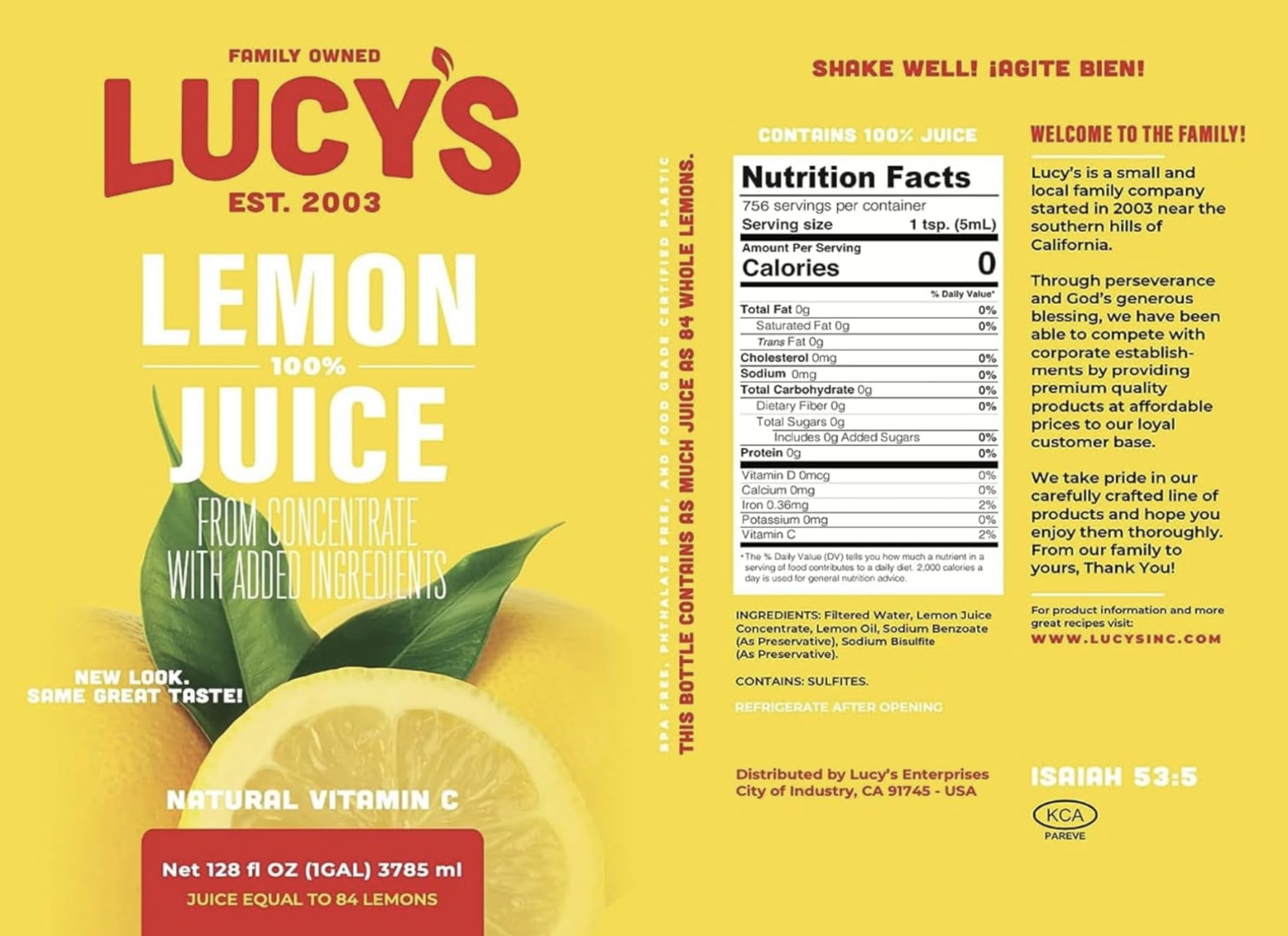 Lucys Lemon Juice gallon in kitchen setup suggests everyday convenience for meals.