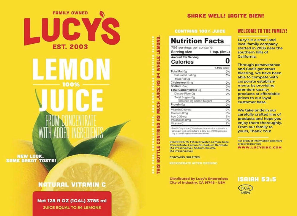 Lucys Lemon Juice gallon in kitchen setup suggests everyday convenience for meals.
