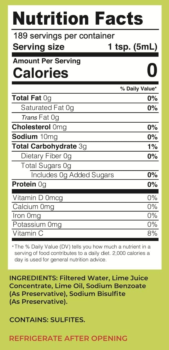 Lucy’s Lime Juice back label, clear ingredients and proper storage guidance.