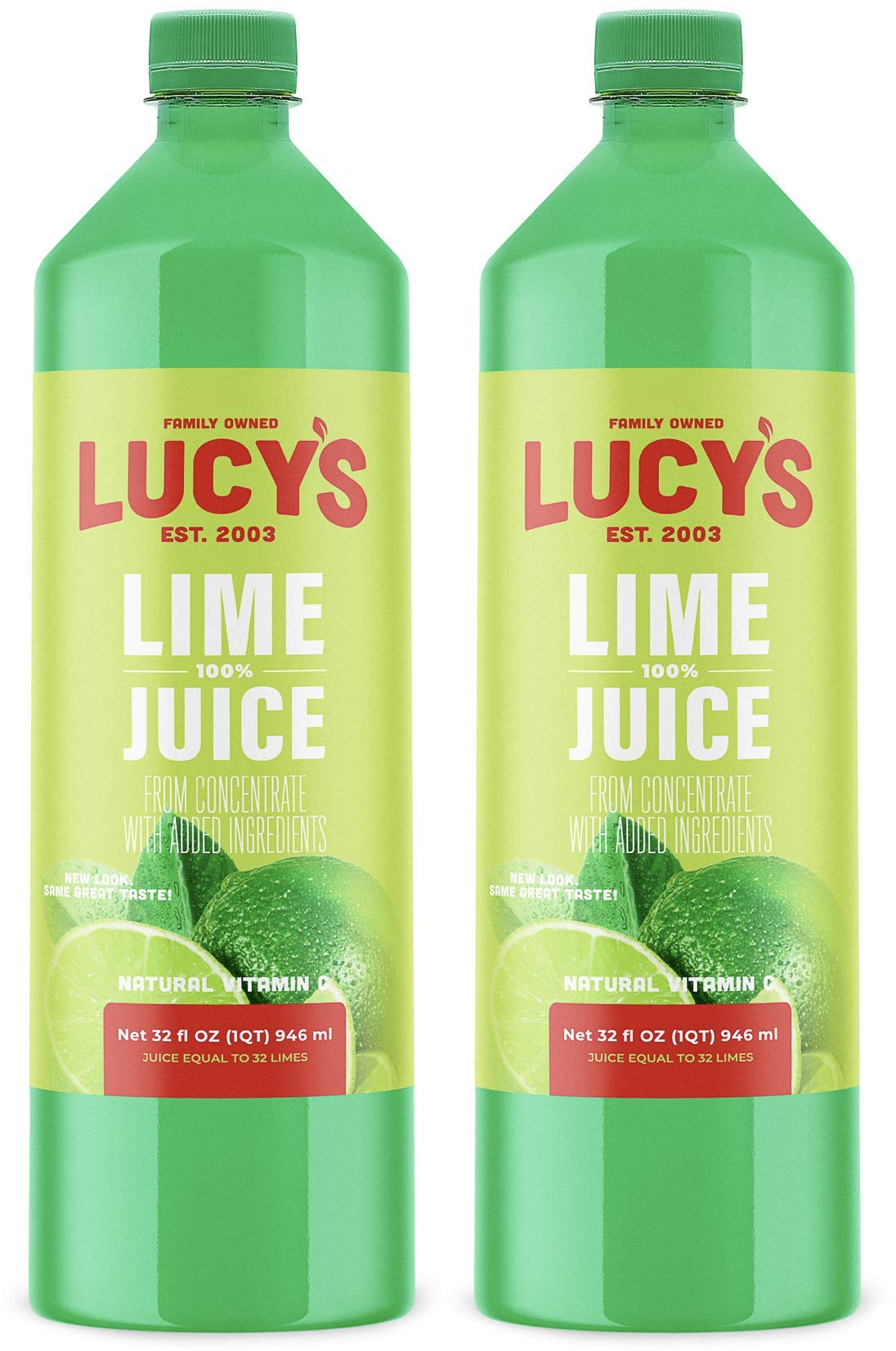 Lucy’s Lime Juice bottle front view highlights a convenient family-size option for recipes.