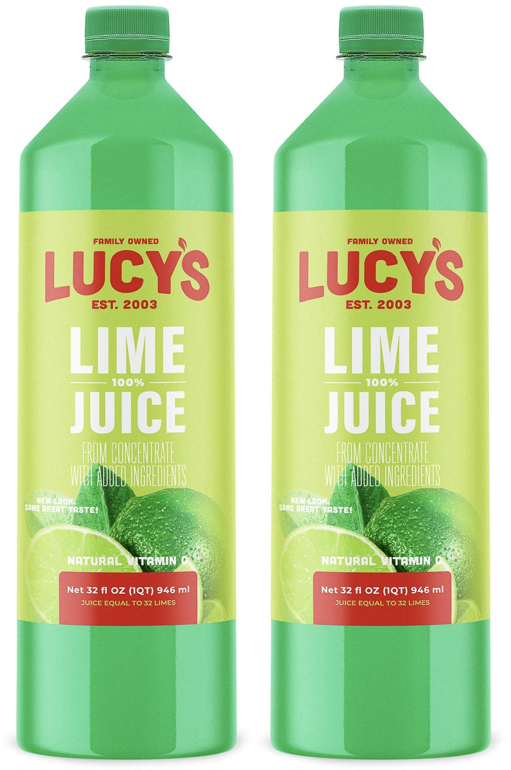 Lucy’s Lime Juice bottle front view highlights a convenient family-size option for recipes.