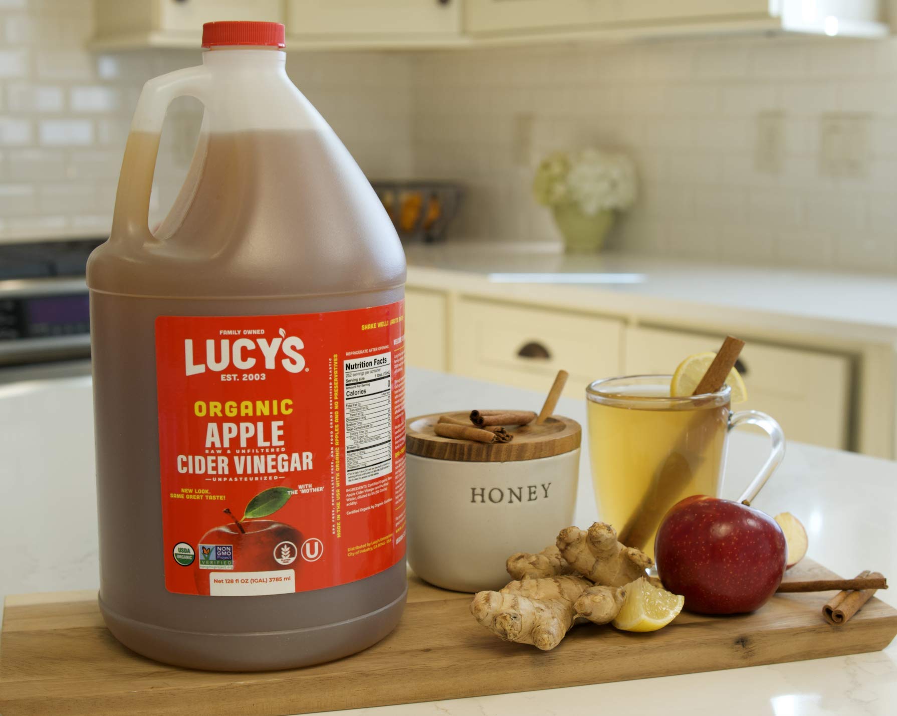 Lucy’s organic label on the gallon bottle highlights certification