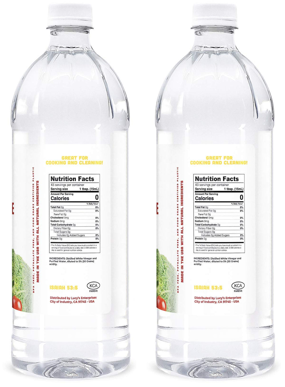 Close-up of Lucy’s bottle label showing 5% acetic acid.