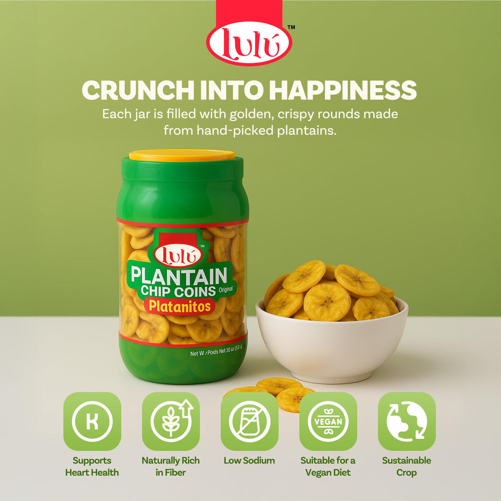 LULU Plantain Chip Coins crispy round slices offering golden crunch.