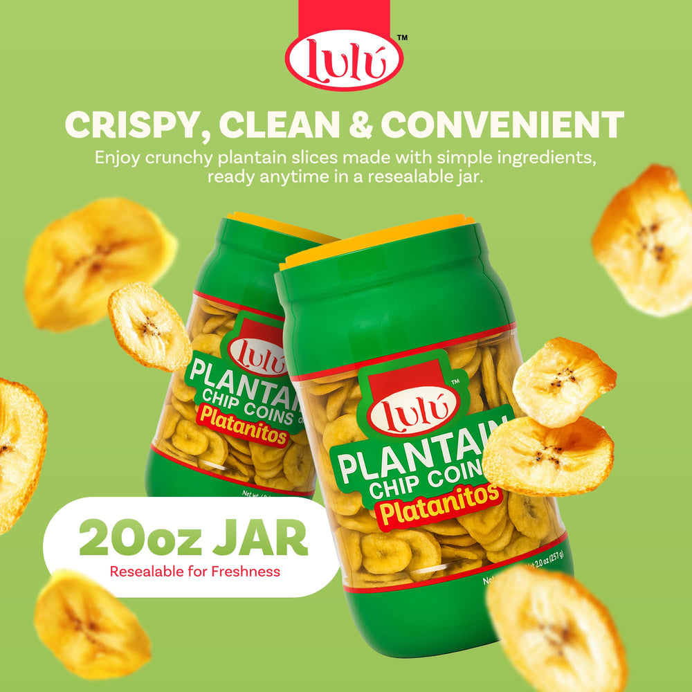 LULU Plantain Chip Coins jar full view showing snack readiness and texture.