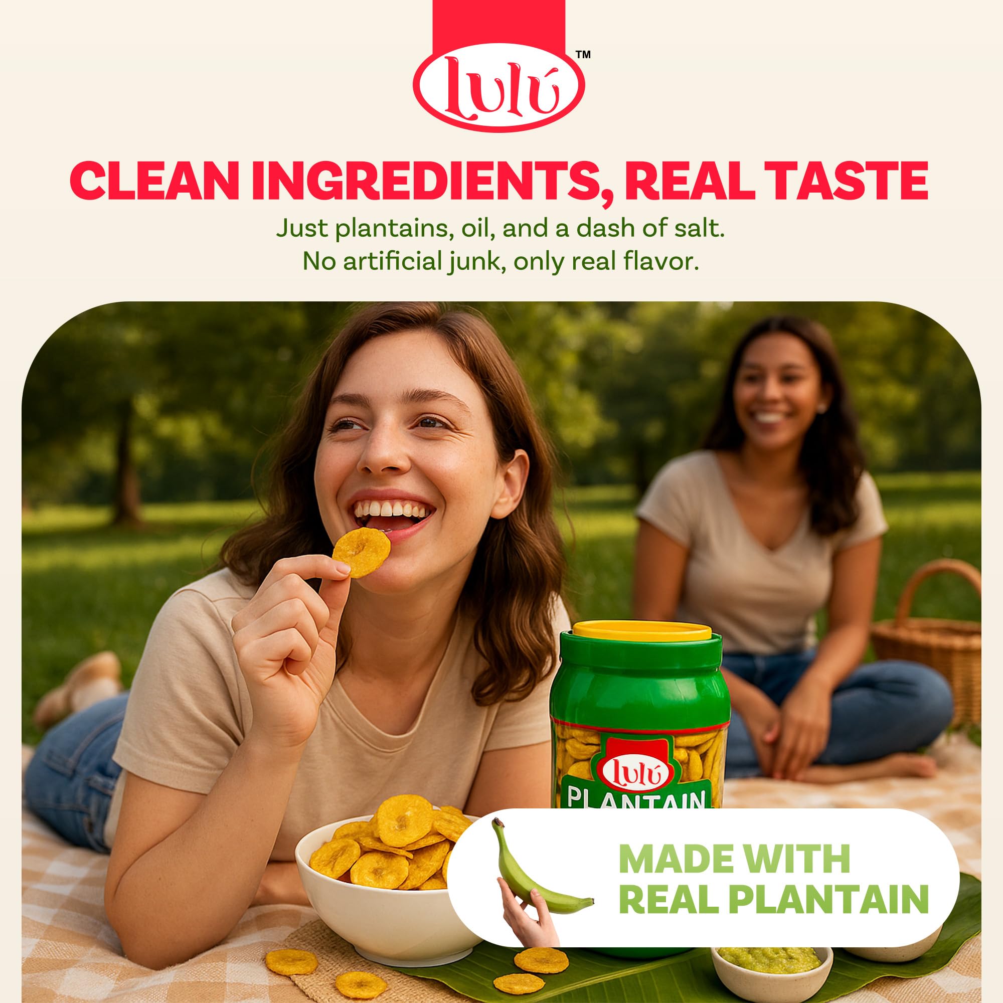 LULU Plantain Chip Coins jar with toppings for salads and bowls.