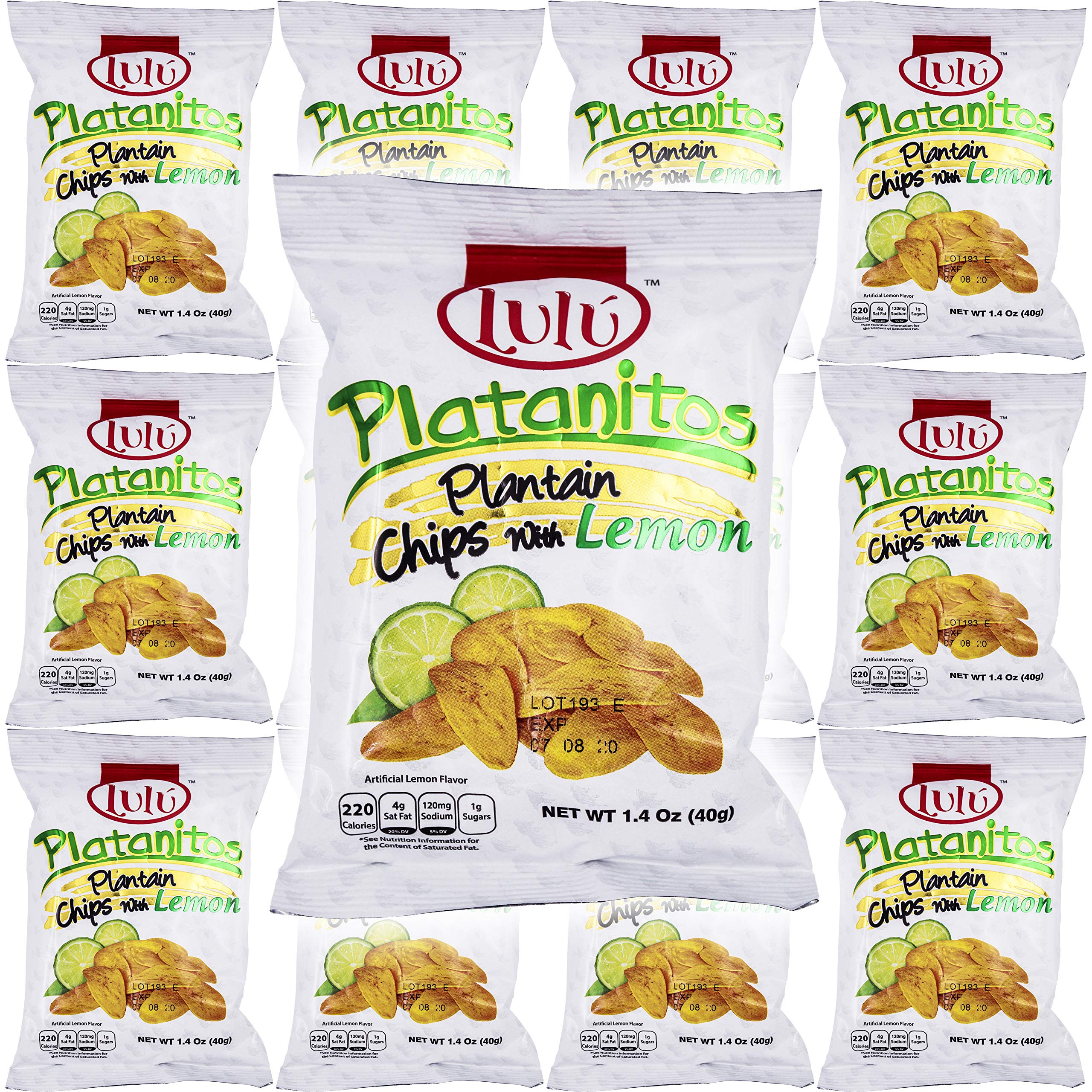 LULU Plantain Chips Lemon bag on display, gluten-free snack option.
