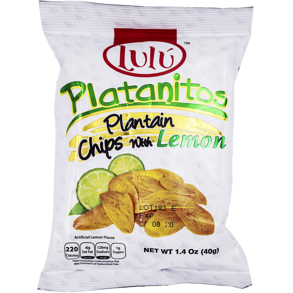 LULU Platanitos Lemon Chips bag back view showing 24-pack per carton.