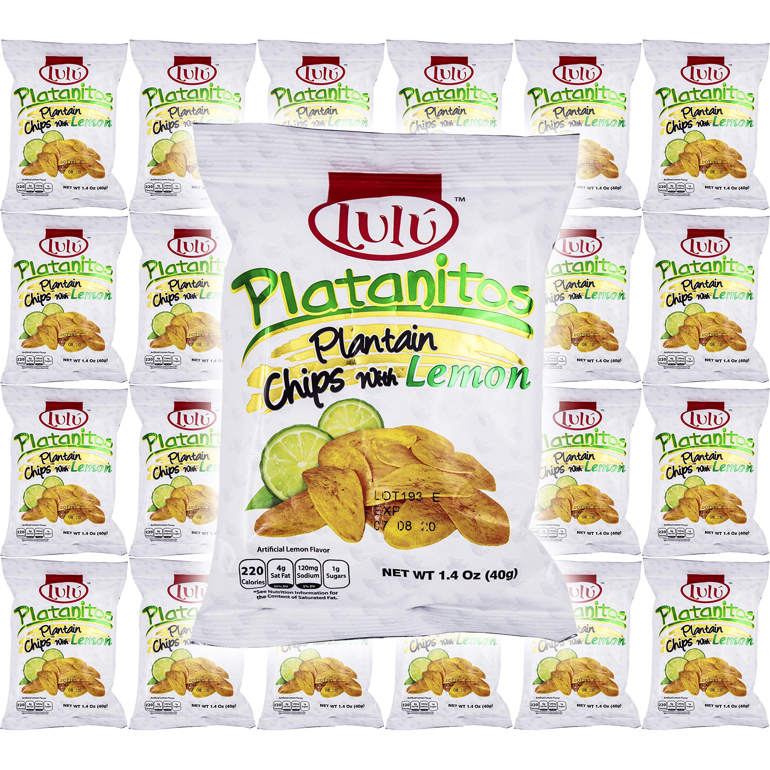 LULU Platanitos Lemon Chips bag front view showing crisp plantain chips.