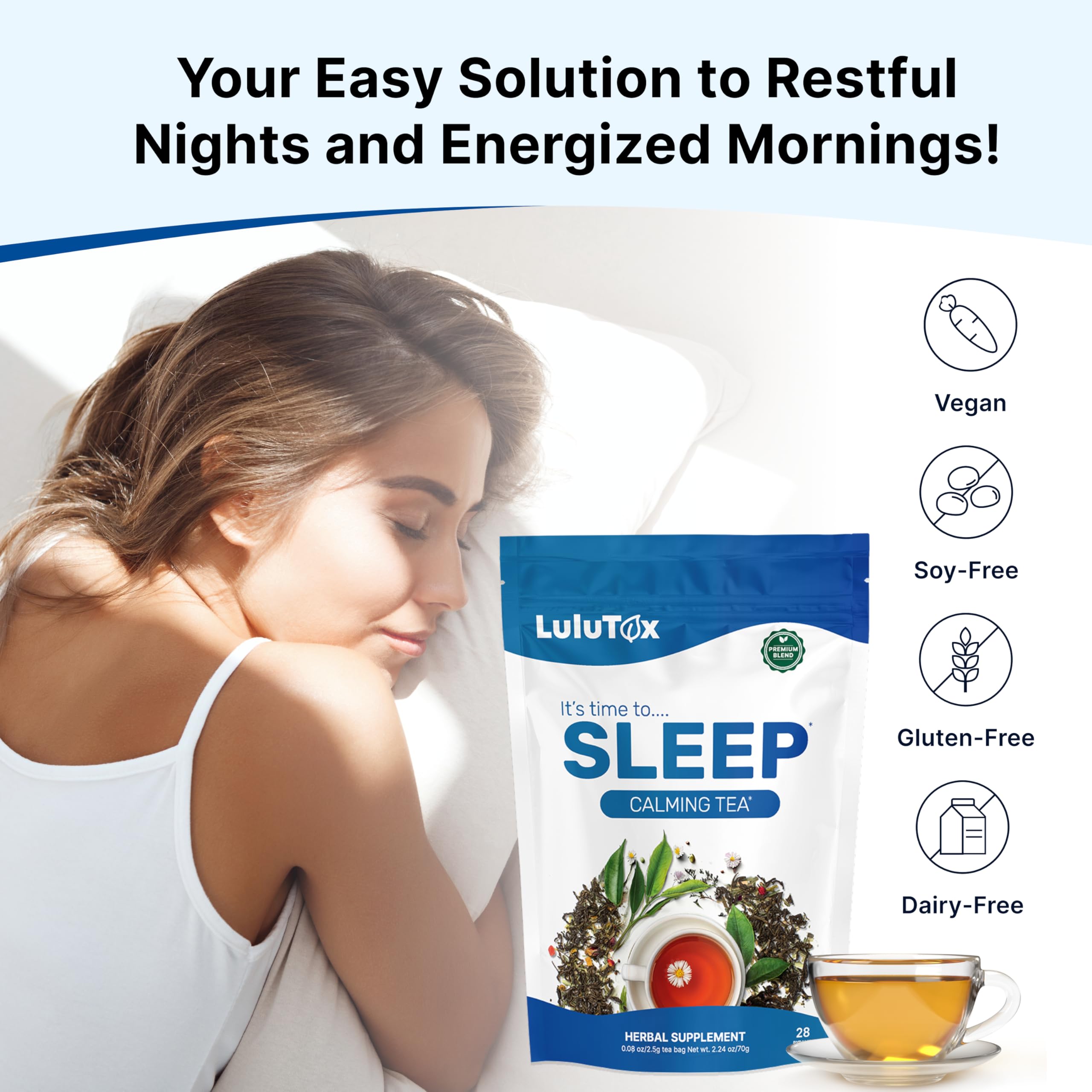 Lulutox Deep Sleep Tea cup with steam signaling a peaceful night