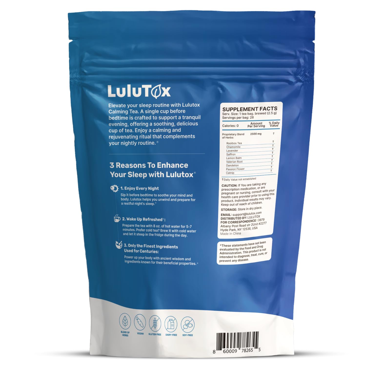 Lulutox Deep Sleep Tea bags in a box for convenient evenings