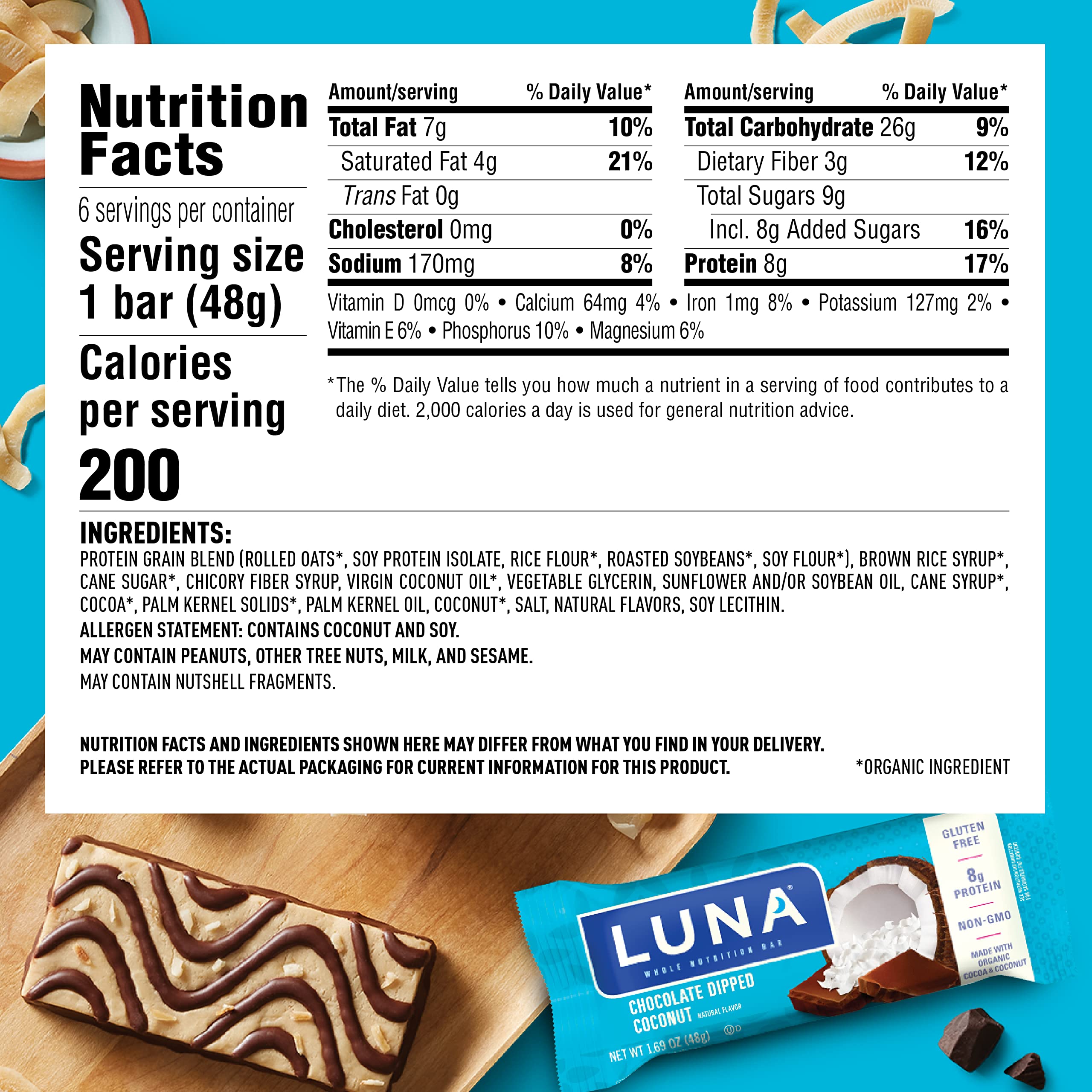 Luna Bar chocolate dipped coconut close-up highlights 8g protein for steady energy.