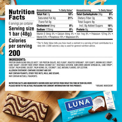 Luna Bar chocolate dipped coconut close-up highlights 8g protein for steady energy.