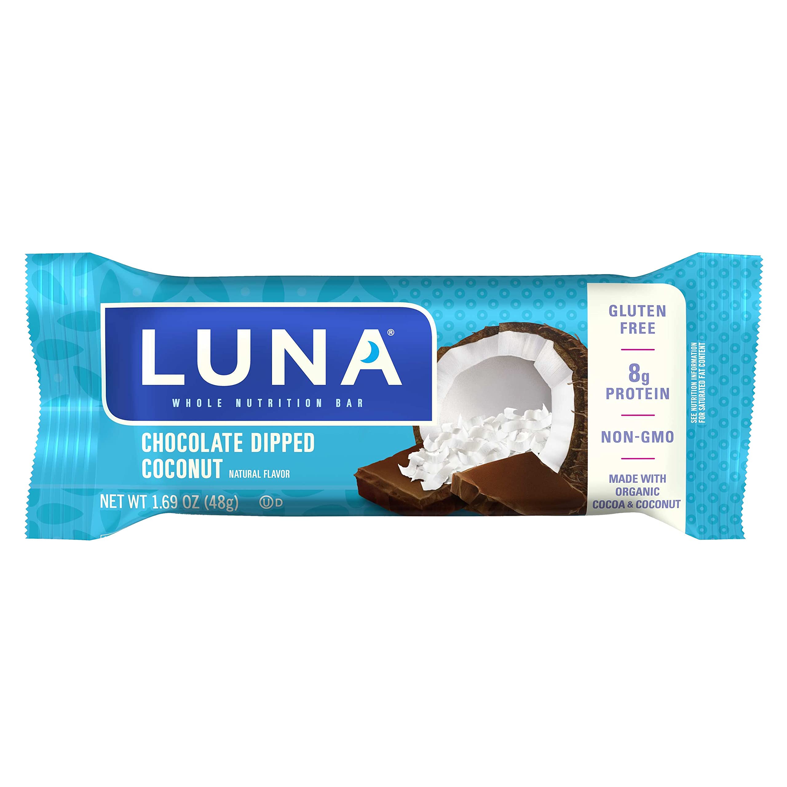 Luna Bar chocolate dipped coconut image emphasizes soy-based protein from plant sources.