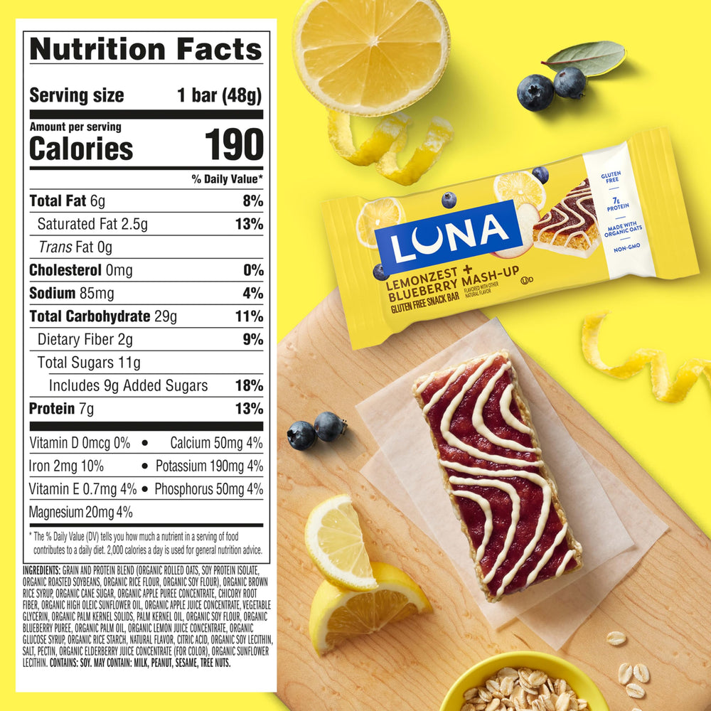 Luna Bar Mash-Ups LemonZest + Blueberry bar close-up with creamy coating and fruit notes