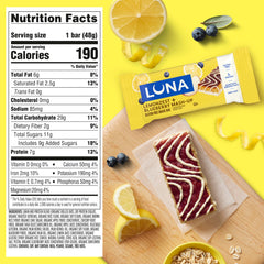 Luna Bar Mash-Ups LemonZest + Blueberry bar close-up with creamy coating and fruit notes