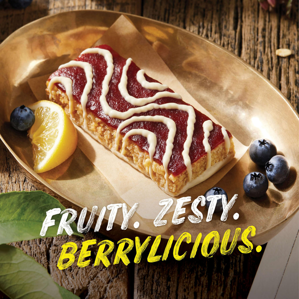 Luna Bar Mash-Ups LemonZest + Blueberry coating with berry bits looks inviting