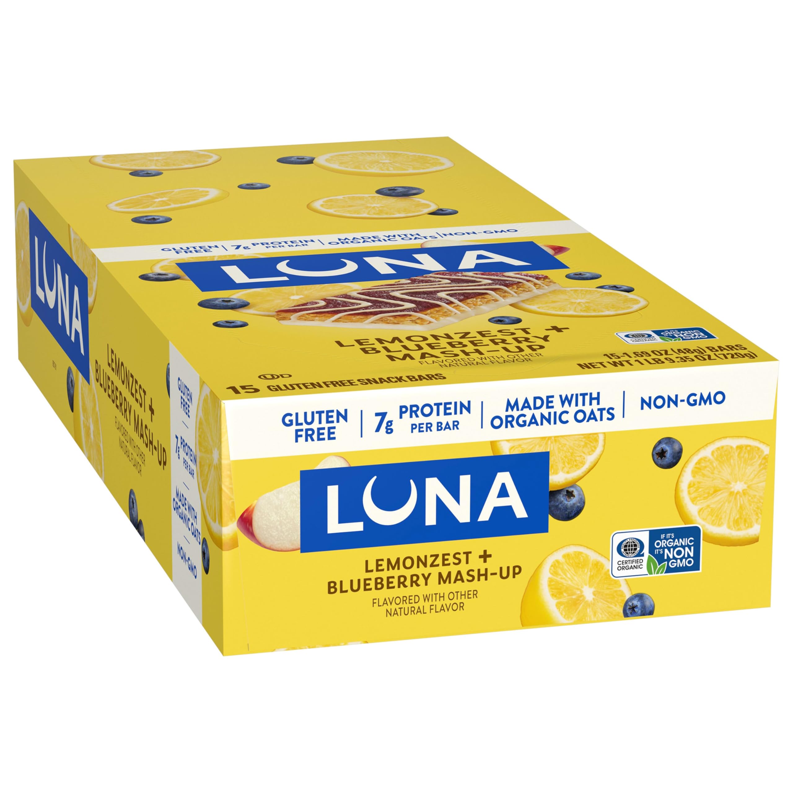 Luna Bar Mash-Ups LemonZest + Blueberry gluten-free snack option in view