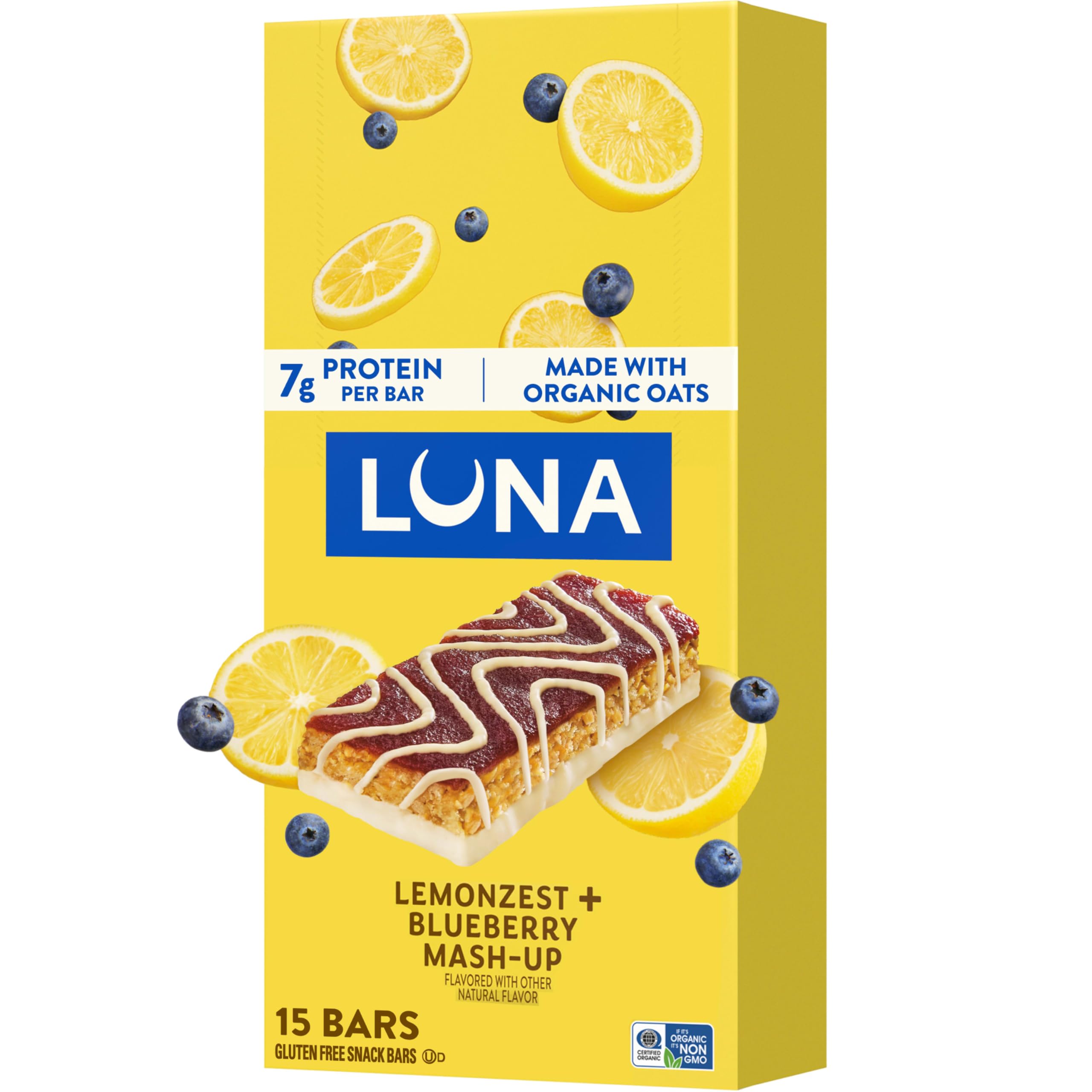 Luna Bar Mash-Ups LemonZest + Blueberry packaging shows a gluten-free, on-the-go snack options
