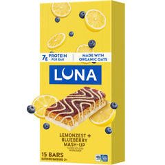 Luna Bar Mash-Ups LemonZest + Blueberry packaging shows a gluten-free, on-the-go snack options