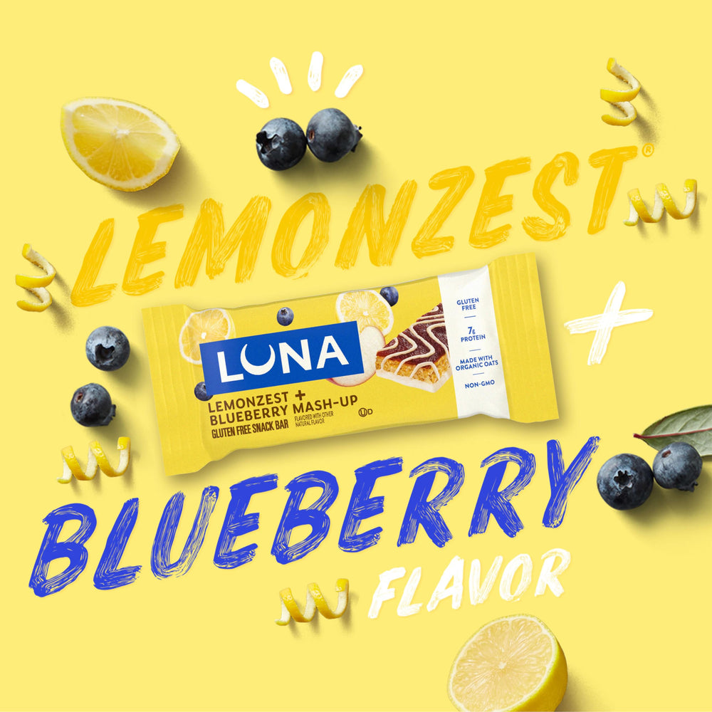 Luna Bar Mash-Ups LemonZest + Blueberry packaging variant highlights non-GMO promise