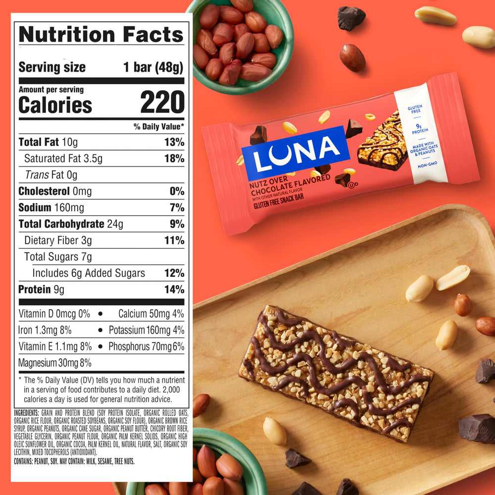 Close-up of LUNA Nutz Over Chocolate bar highlighting dark chocolate coating.