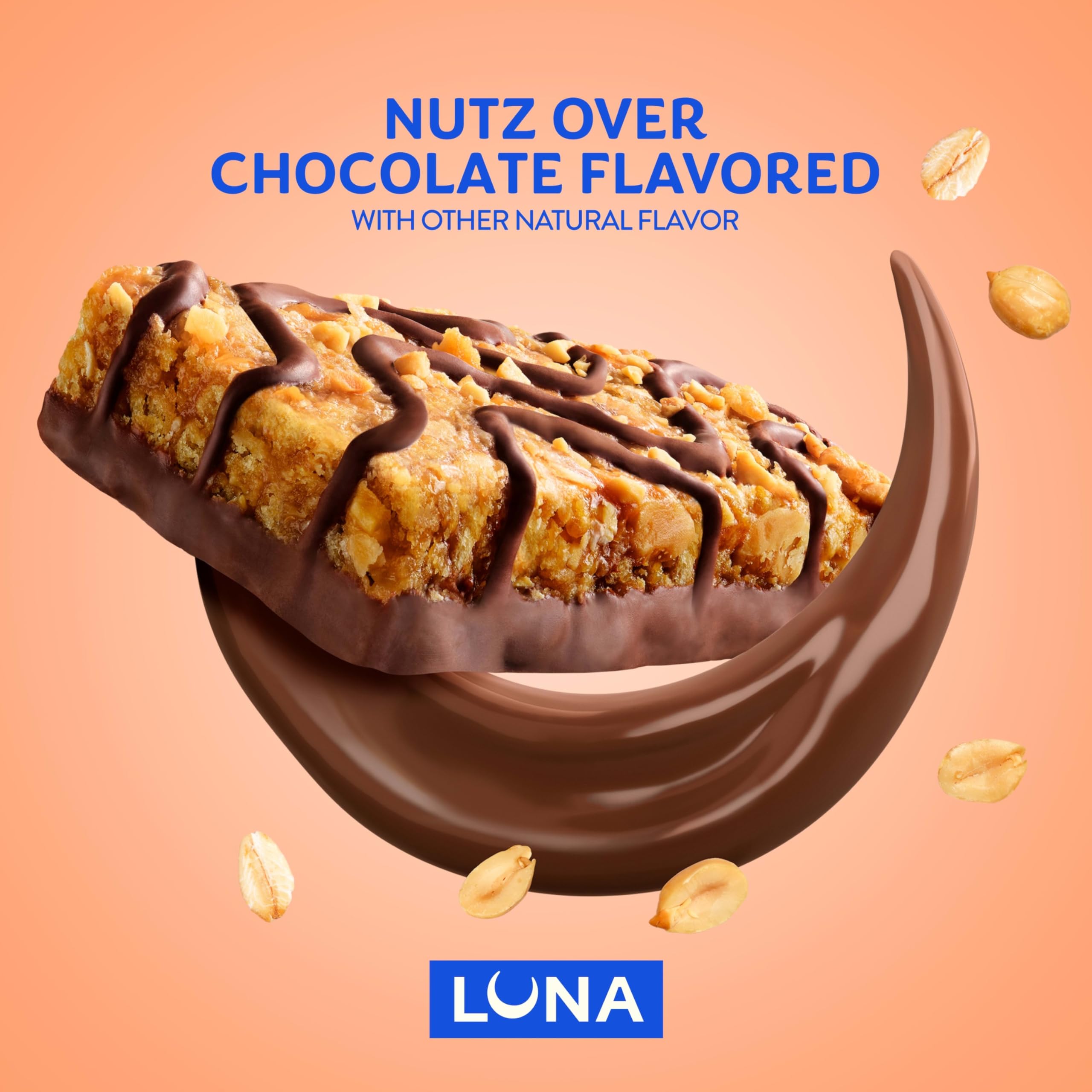 Creamy coating on LUNA Nutz Over Chocolate bar for rich flavor.
