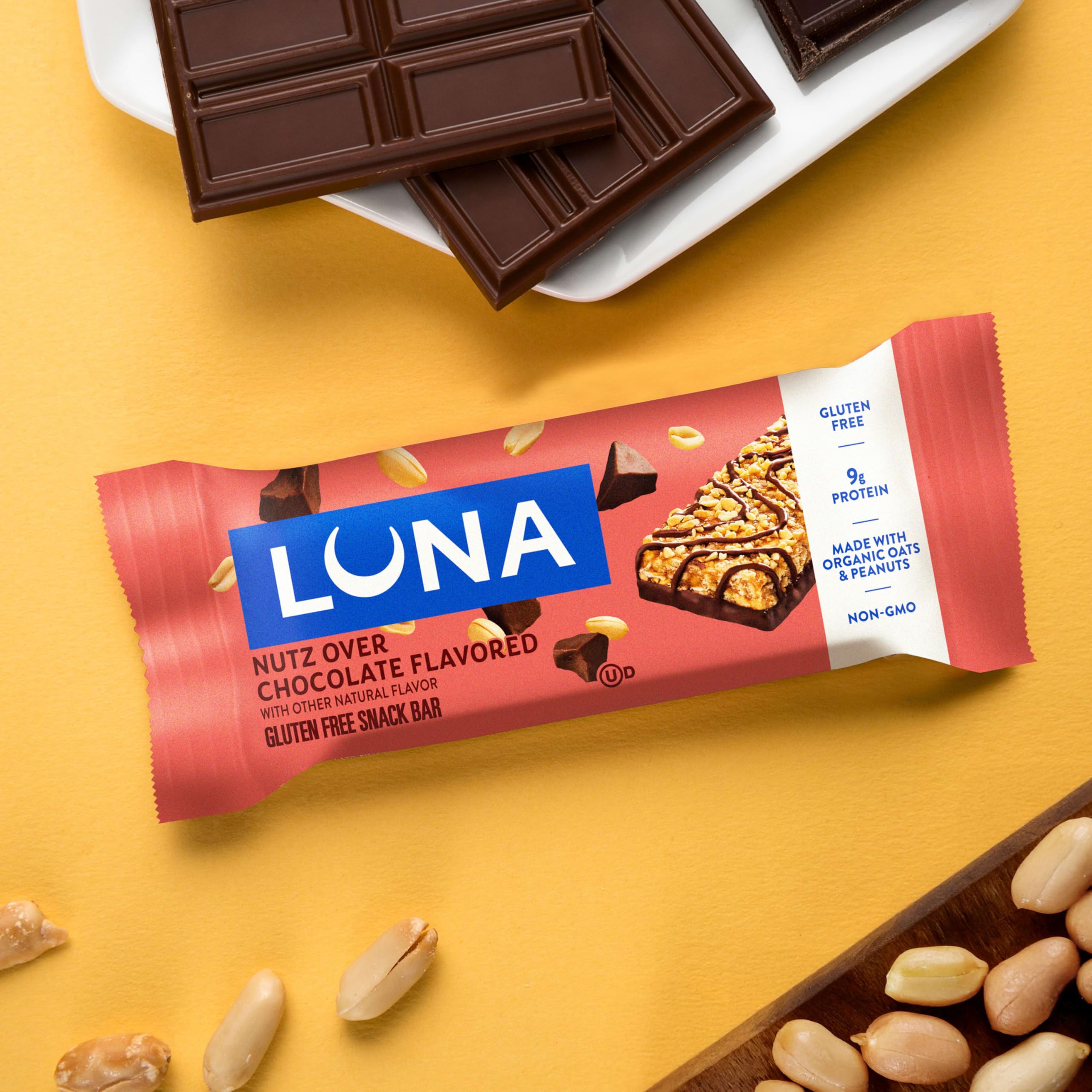 Gluten-free and non-GMO credentials on LUNA Nutz Over Chocolate bar.