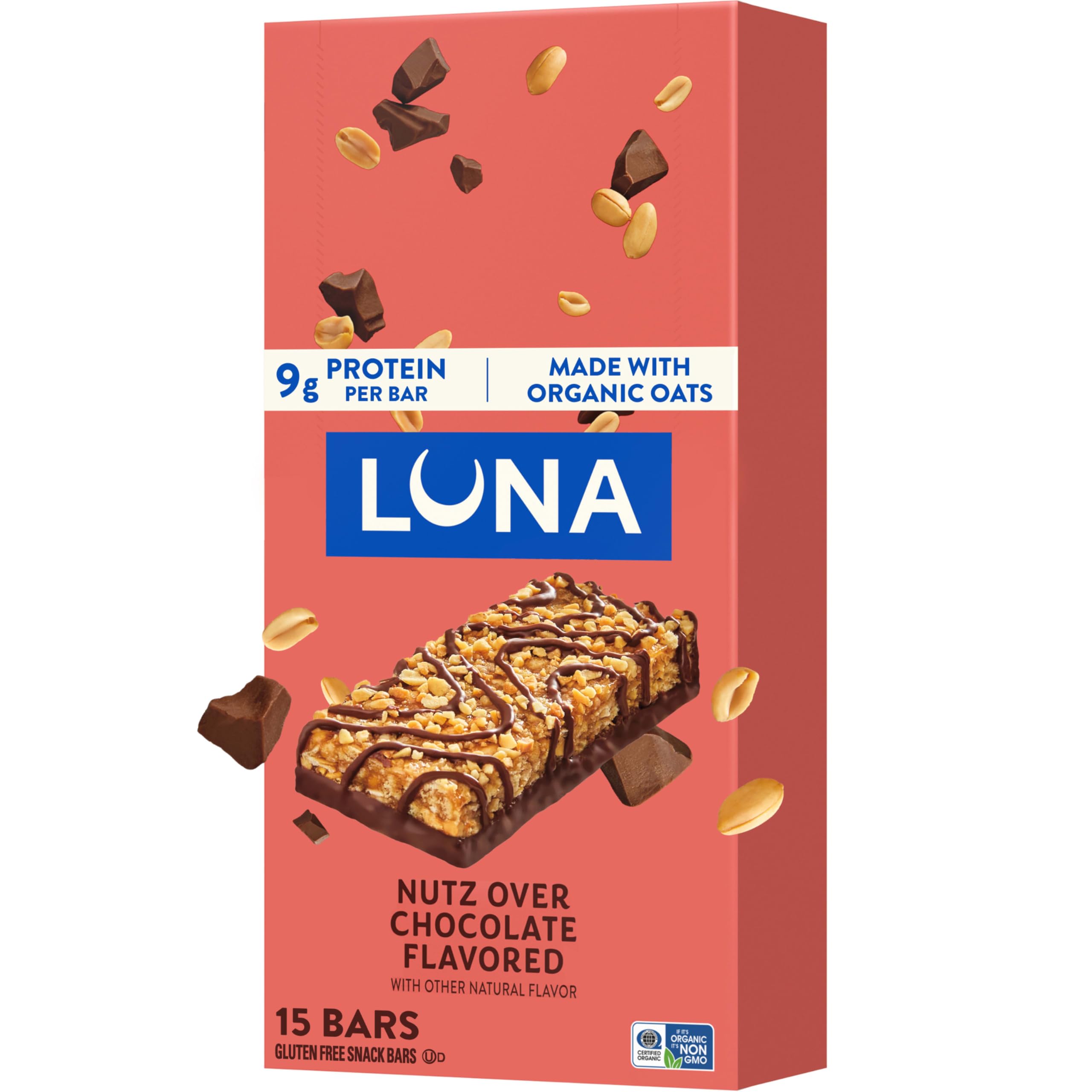 LUNA Nutz Over Chocolate packaging shown, convenient snack for busy days.