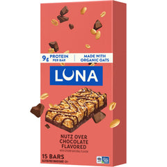 LUNA Nutz Over Chocolate packaging shown, convenient snack for busy days.