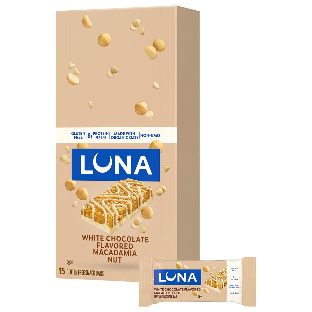 Luna White Chocolate Macadamia Bar package highlights convenient on-the-go nourishment.