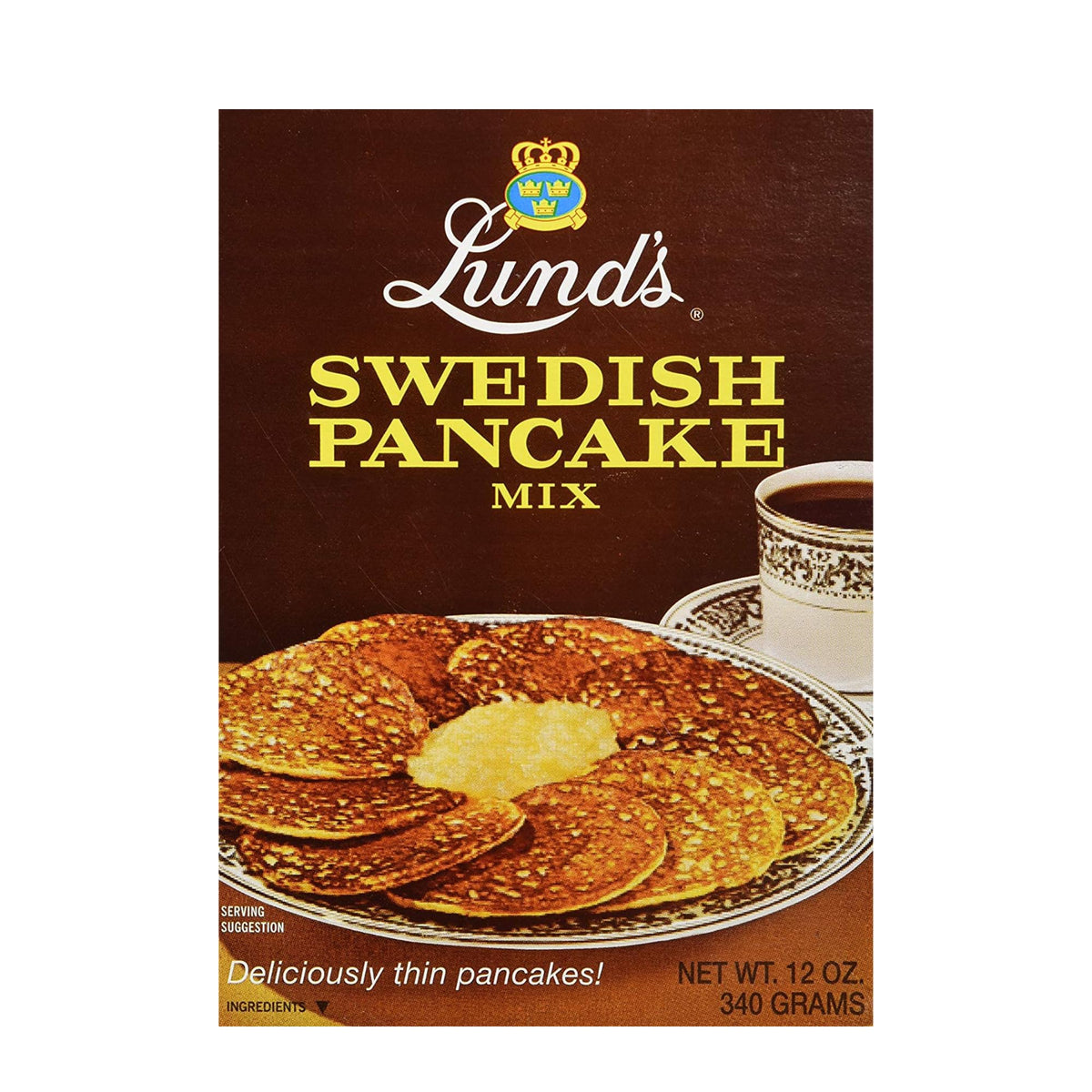 Lund's Swedish Pancake Mix packaging on a kitchen counter, premium quality for authentic taste.