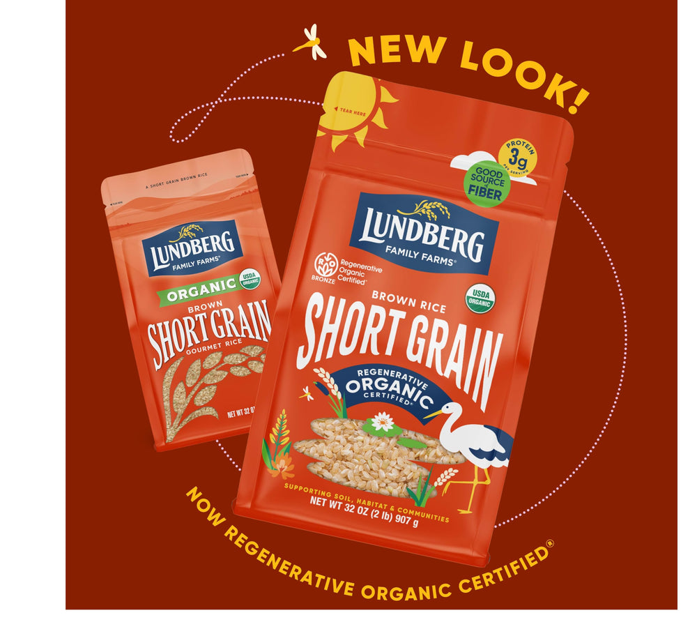 Lundberg 32 oz organic rice pack on a kitchen shelf for home cooking.