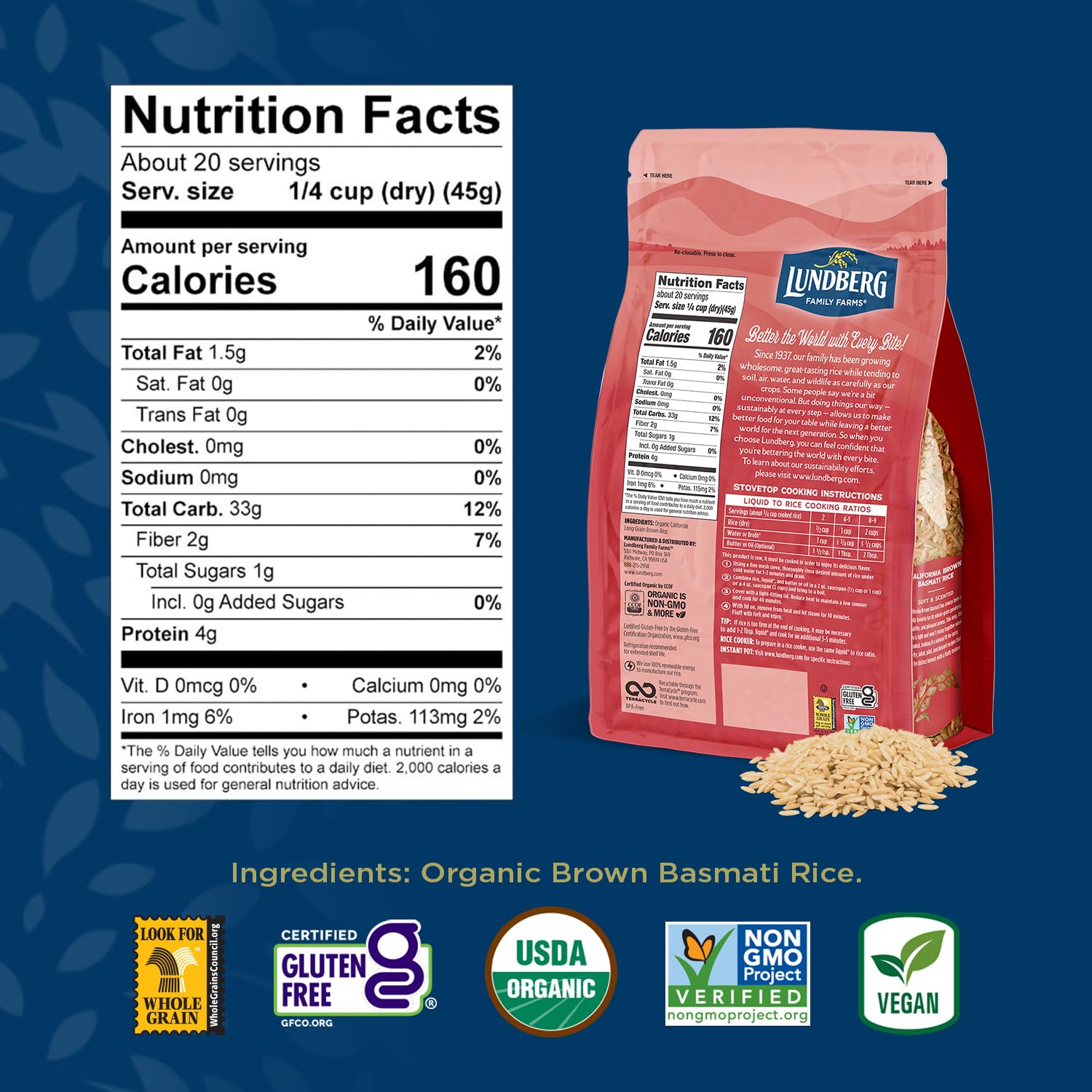 Lundberg brown basmati rice grains close-up for fluffy results.