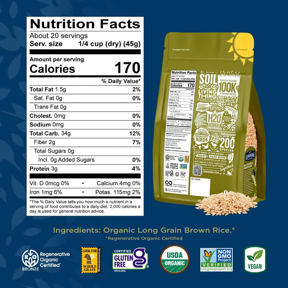 Lundberg brown rice non-sticky long grain after cooking, ideal for pilaf and bowls