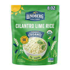 Lundberg Cilantro Lime Rice pack highlighting regenerative organic rice for quick meals.