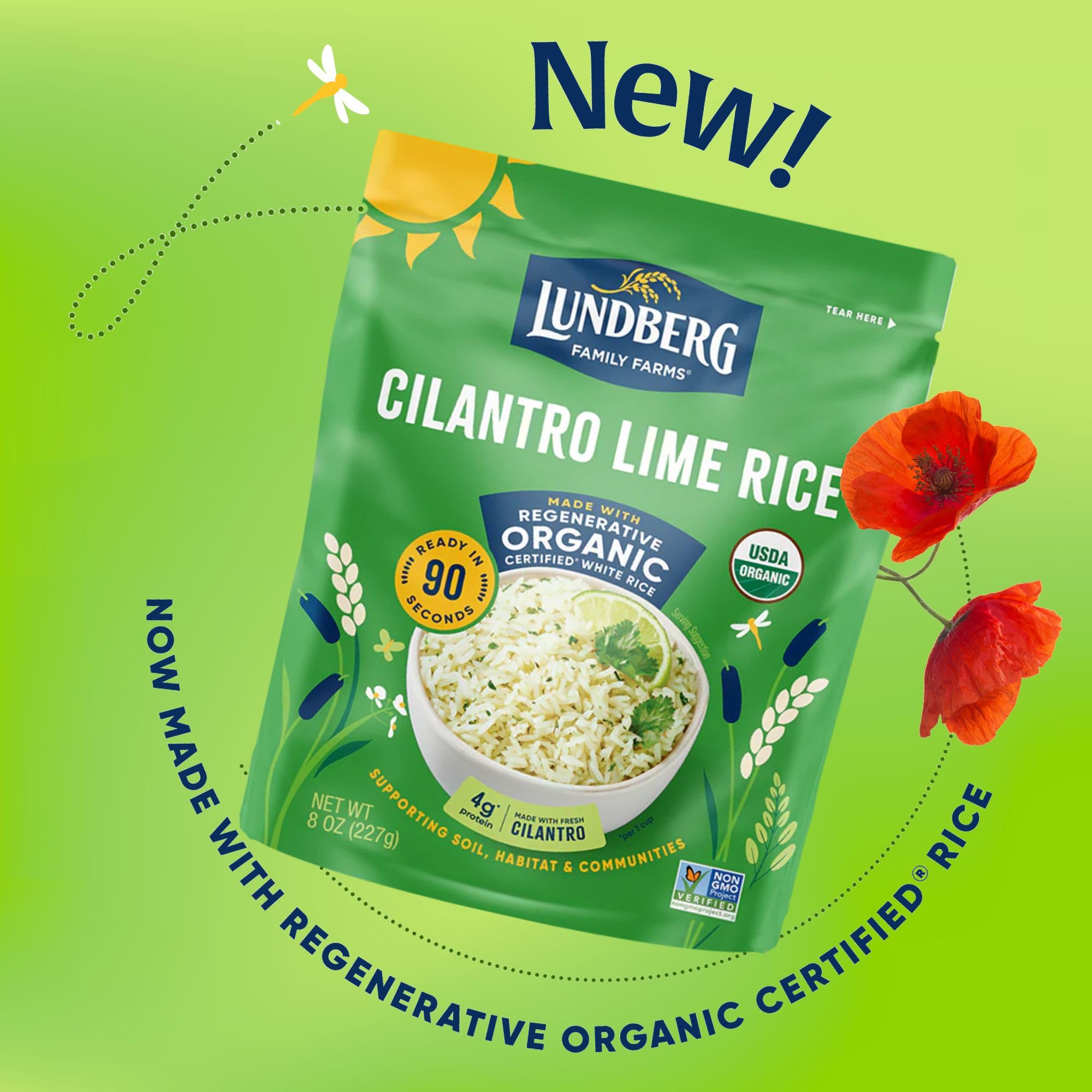 Ready-in-90-seconds label on Lundberg Cilantro Lime Rice for faster meals.