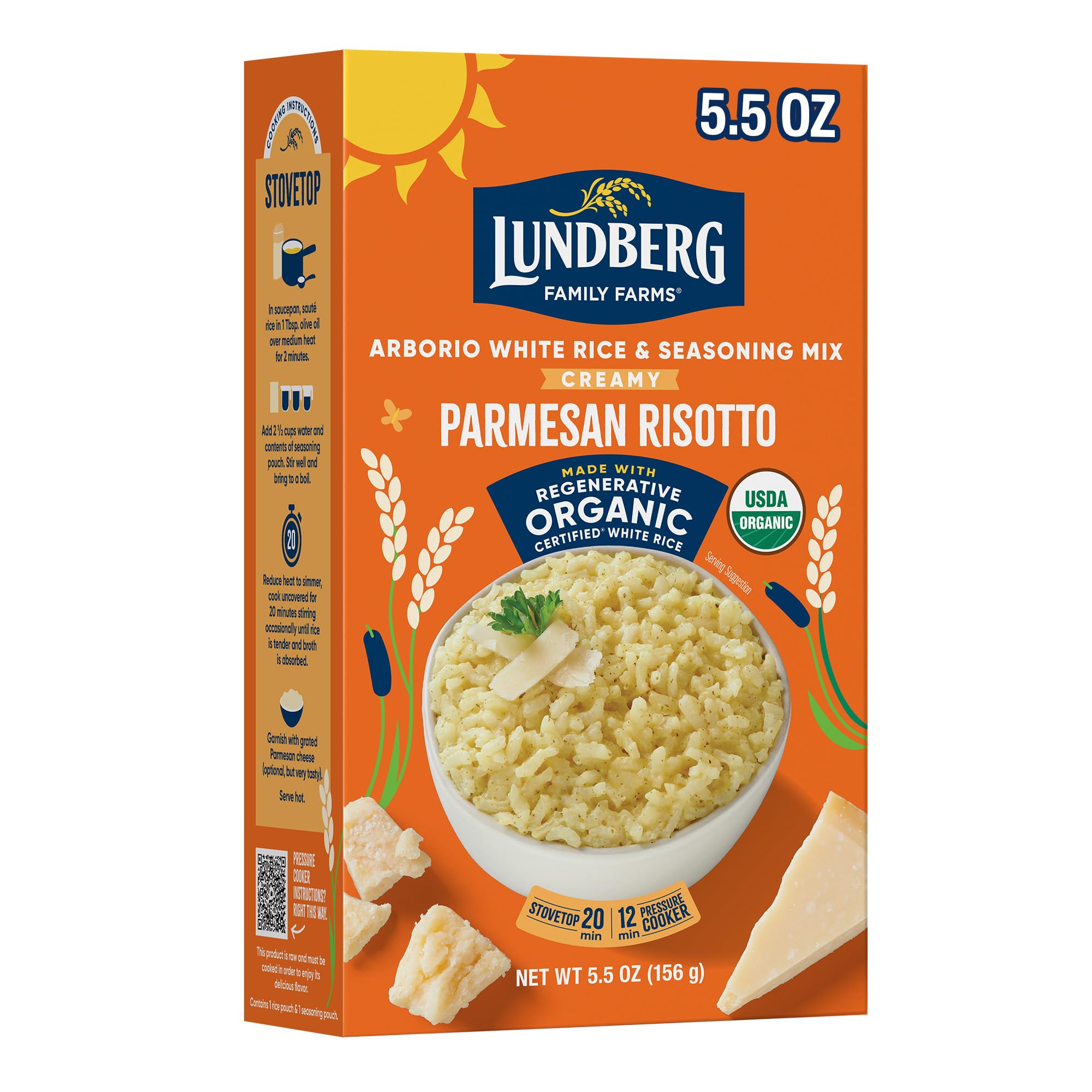 Lundberg Creamy Parmesan Risotto boxed mix ready for cooking, inviting weeknight dining.